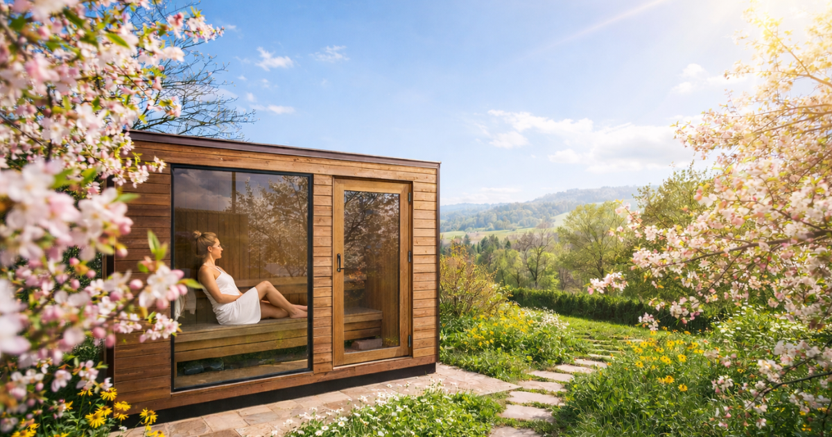 Kültéri szauna tavaszi környezetben, benne relaxáló nővel