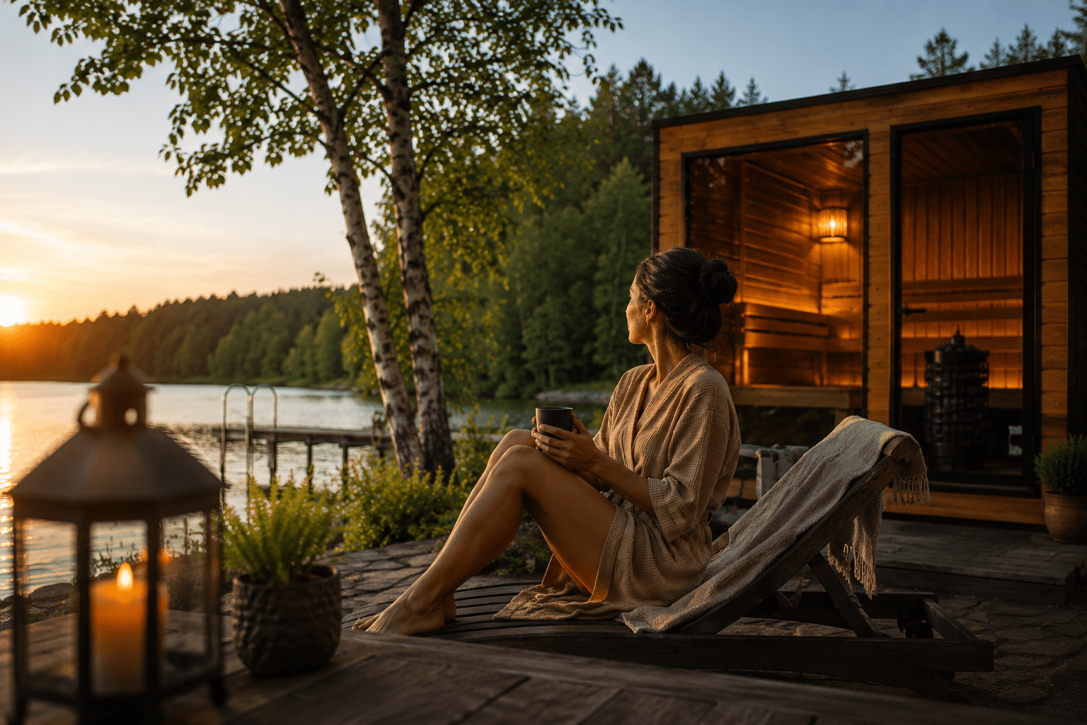Relaxáló nő tóparti pihenőhelyen naplementében, háttérben szaunával